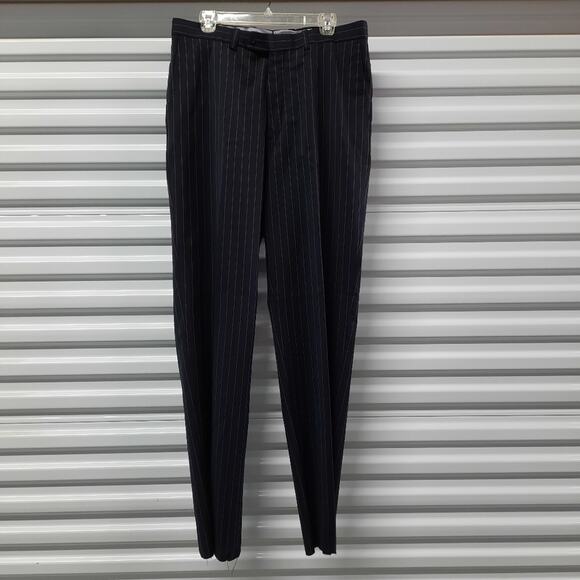 Aristo Eighteen Stirling Pants Mens 34 Navy Blue Stripe Flat Front Wool Slacks - Picture 1 of 8